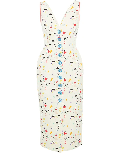 Carolina Herrera Terazzo-print V-neck Cotton-blend Faille Dress In Ivory