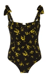 Ganni Recycled Fabric Floral One-piece Swimsuit In Black