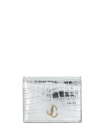 Jimmy Choo Hanne Metallic-silver Croc-embossed Leather Wallet With Jc Emblem