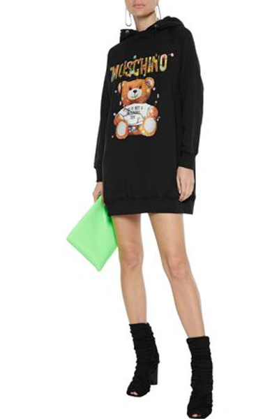 Moschino Glittered Printed French Cotton-terry Hooded Mini Dress In Black