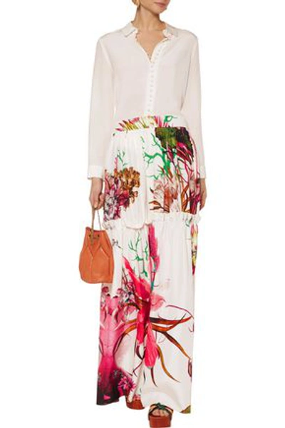 Roberto Cavalli Gathered Floral-print Silk-satin Maxi Skirt In Off-white