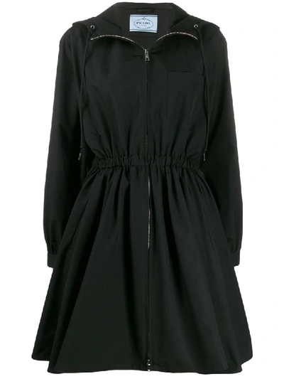 Prada Flared Hooded Coat In Black