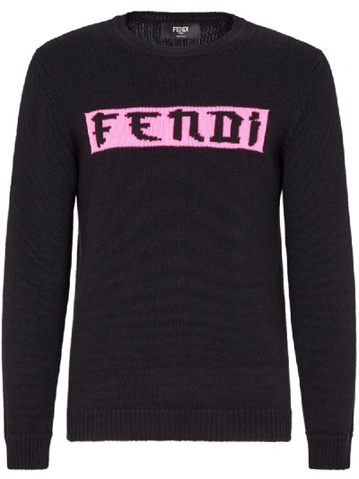 Fendi Prints On Crew Neck Logo Jumper In Black