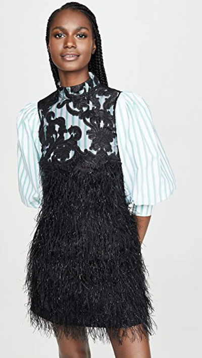 Ganni Feathery Metallic Balloon Sleeve Minidress In Black,green,white |  ModeSens