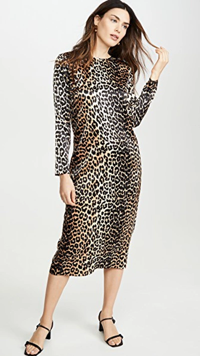 Ganni Leopard Print Stretch Silk Long Sleeve Midi Dress