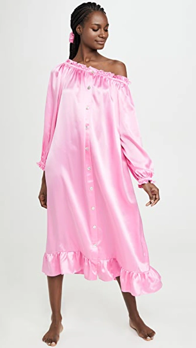 Sleeper Zephyr Ruffled Off-the-shoulder Silk-satin Midi Dress In Pink