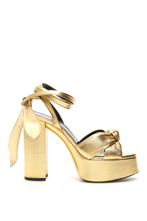 Saint Laurent Bianca Knotted Metallic Leather Platform Sandals In Gold ...