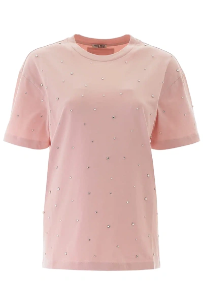 Miu Miu T-shirt With Decorative Crystals In Pink
