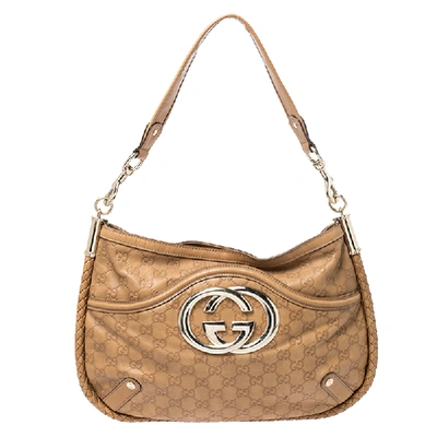 Pre-owned Gucci Ssima Leather Medium Britt Shoulder Bag In Tan