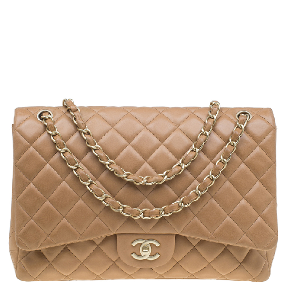 Pre-Owned Chanel Tan Quilted Leather Maxi Classic Single Flap Bag ...