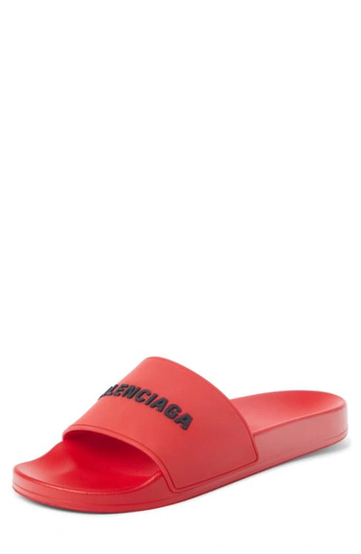 Balenciaga Men's Logo Rubber Pool Slide Sandals In Red / Black