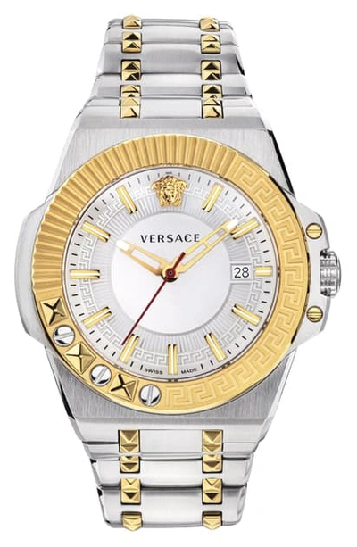 Versace Men's 45mm Studded Stainless Steel/gold Ip Bracelet Watch In Silver/ Gold
