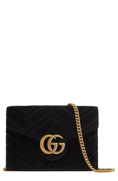 Gucci Gg Marmont 2.0 Matelasse Velvet Wallet On A Chain In Nero/ Nero
