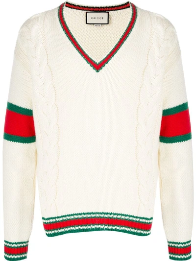 Gucci Cable Knit V-neck Jumper In White