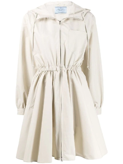 Prada Hooded Flared Coat In Neutrals