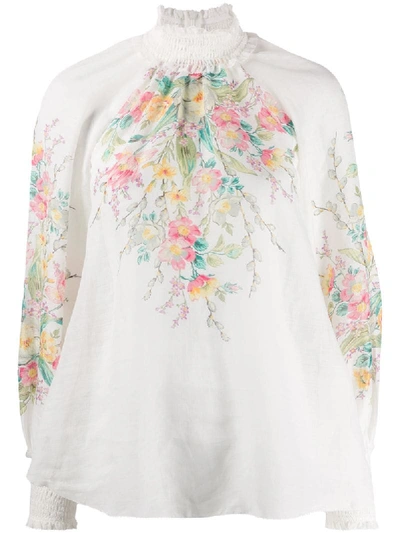 Zimmermann Elasticated Floral Print Blouse In White