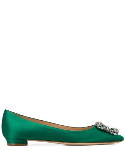 Manolo Blahnik .satin Hangisiflat Ballerina Shoes In Green