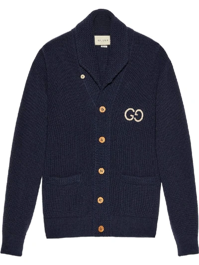 Gucci Wool Logo Embroidered Cardigan In Blue