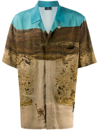 Marcelo Burlon County Of Milan All Over Ostrich Print S/s Viscose Shirt In Beige/azure