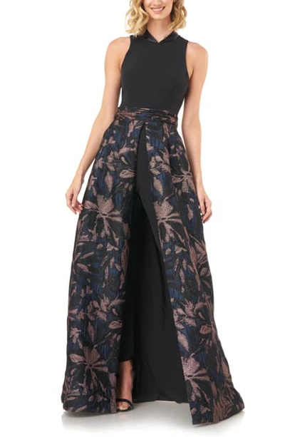 Kay Unger Nevada Metallic Floral Jacquard Maxi Romper In Black / Rose Gold