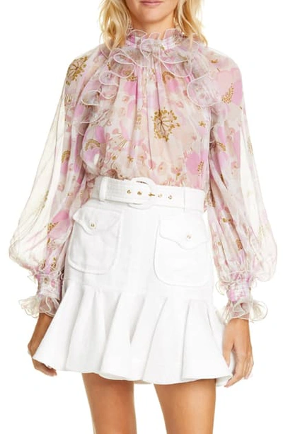 Zimmermann Super Eight Floral-print Silk-blend Crepe Blouse In Pink