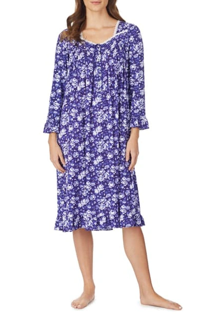 Eileen West Jersey-knit Floral-print Lace-trim Waltz Nightgown In Violet Ground With Roses