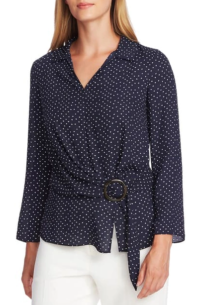 Vince Camuto Ditsy Fragments Long Sleeve Belted Top In Caviar