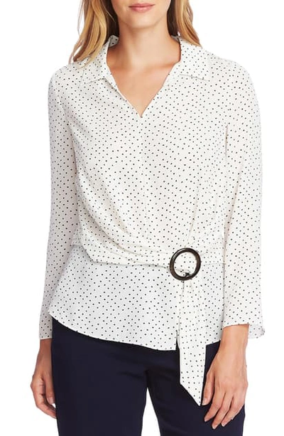 Vince Camuto Ditsy Fragments Long Sleeve Belted Top In Pearl Ivory