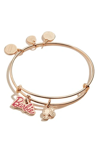 Alex And Ani Barbie Charm Adjustable Wire Bangle In Shiny Rose Gold
