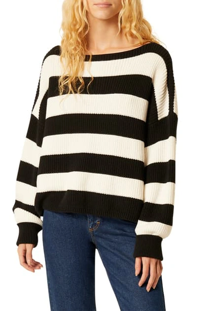 French Connection Mozart Stripe Cotton Boat Neck Sweater In Black/ Summer White