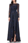 CARMEN MARC VALVO INFUSION EMBROIDERED MESH LONG SLEEVE HIGH/LOW GOWN,662135