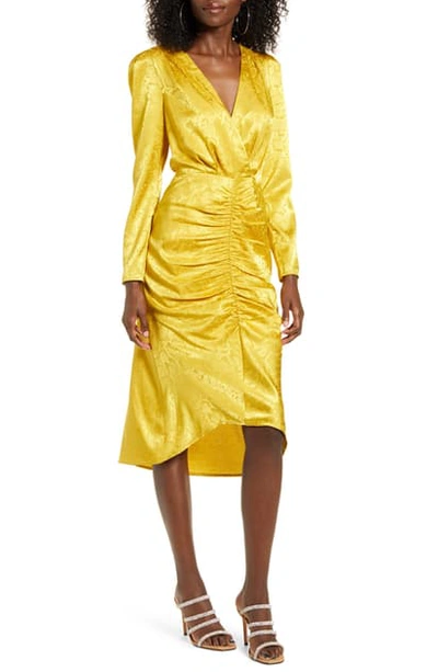 Wayf Ronnie Ruched Long Sleeve Midi Dress In Yellow Snake Jacquard