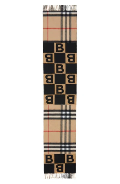 Burberry B Geo & Giant Check Wool & Cashmere Scarf In Black,brown