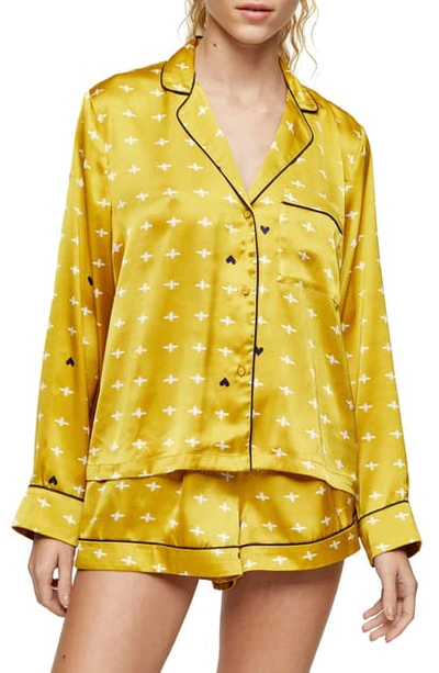 Topshop Bee Print Satin Short Pajamas In Gold Multi