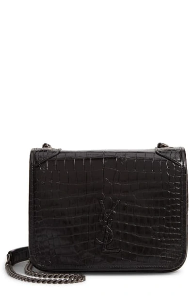 Saint Laurent Niki Croc Embossed Leather Wallet On A Chain In Noir