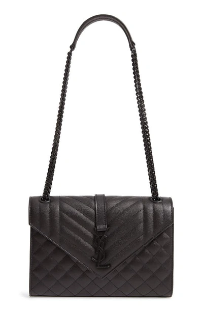 Saint Laurent Envelope Triquilt Medium Ysl Shoulder Bag In Grained Leather In Black Black