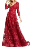 Mac Duggal Long Sleeve Floral Appliqué Mesh Gown In Deep Red