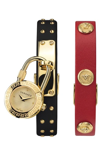 Versace Medusa Lock Icon Leather Strap Watch, 22mm In Red/ Gold