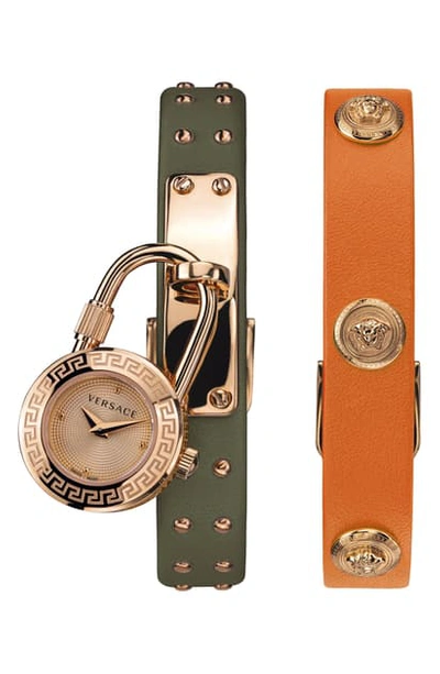 Versace Medusa Lock Icon Leather Strap Watch, 22mm In Orange/ Bronze