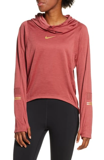 Nike Women's Metallic Logo Funnel-neck Training Top In Cedar/metallic Gold