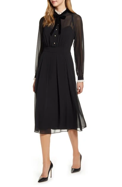 Anne Klein Lace Ruffle Long Sleeve Midi Dress In Anne Black