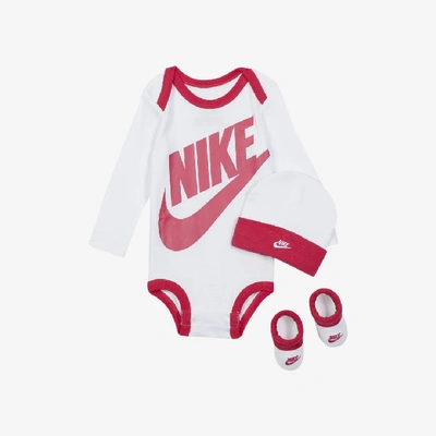 Nike Baby Bodysuit, Hat And Booties Box Set In Rush Pink,white