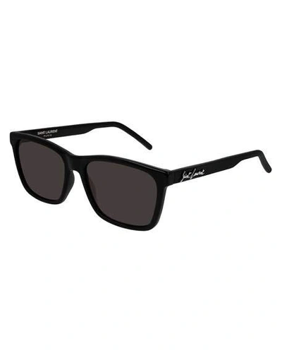 Saint Laurent Men's Square Solid Injection Sunglasses In Shiny Black/black