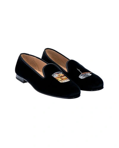 Stubbs And Wootton Men's Scotch Embroidered Velvet Loafers In Navy