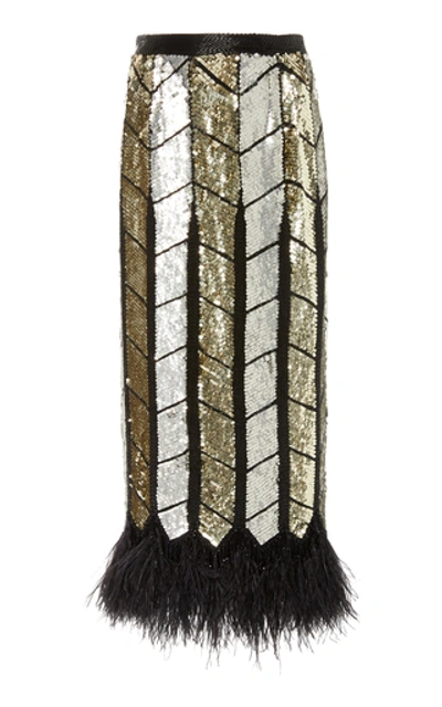 Attico Feather-trimmed Sequined Silk-chiffon Maxi Skirt In Multi