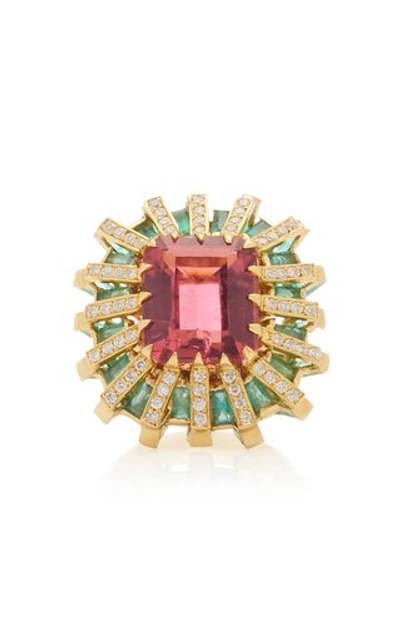 Carol Kauffmann 18k Gold Tourmaline Emerald And Diamond Ring