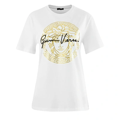 Versace T-shirt With Logo In Bianco Oro Nero