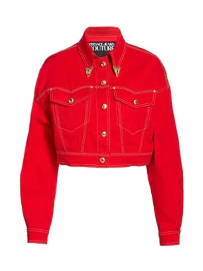 Versace Jeans Couture Crop Denim Jacket In Racing Red