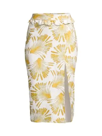 Azulu Arsenal Side-slit Printed Linen Pencil Skirt In Yellow Palm Print