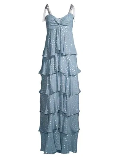 Azulu Bolero Metallic Fil Coupé Tiered Ruffle Maxi Dress In Blue